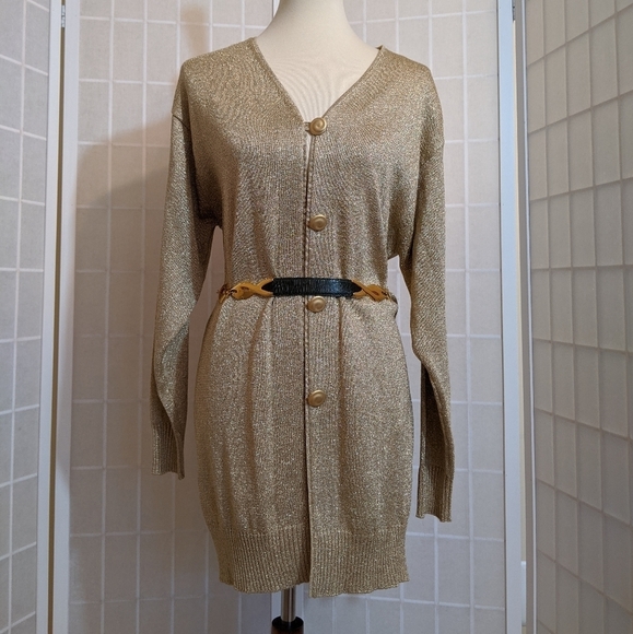 Vintage Sweaters - Vintage gold knit long cardigan sweater S